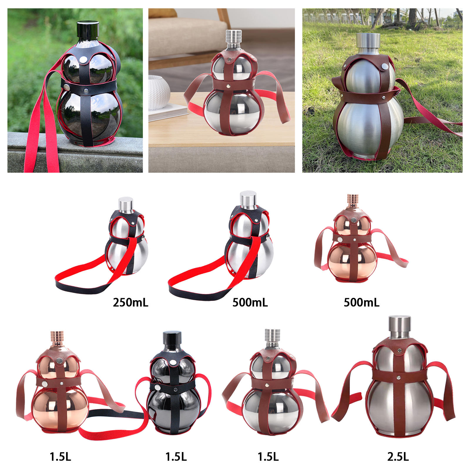 Leakproof Hip Flask Gourd Bottle Wine Jug Flagon 250ml 500ml Leather Belt for Outdoor