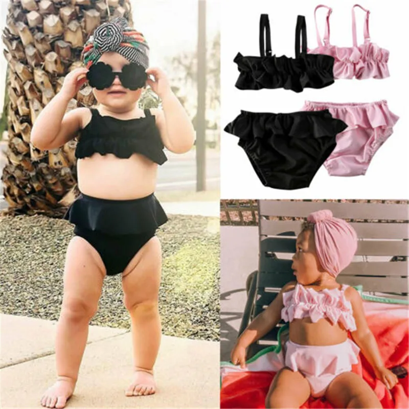 Beach Robe Cover Up Kids Baby Girls Summer 2 Pieces Swimsuit Solid Color Ruffle Sling Tops + High Waist Triangle Shorts Swimwears Beach Swimming 3 piece swimsuit with cover up