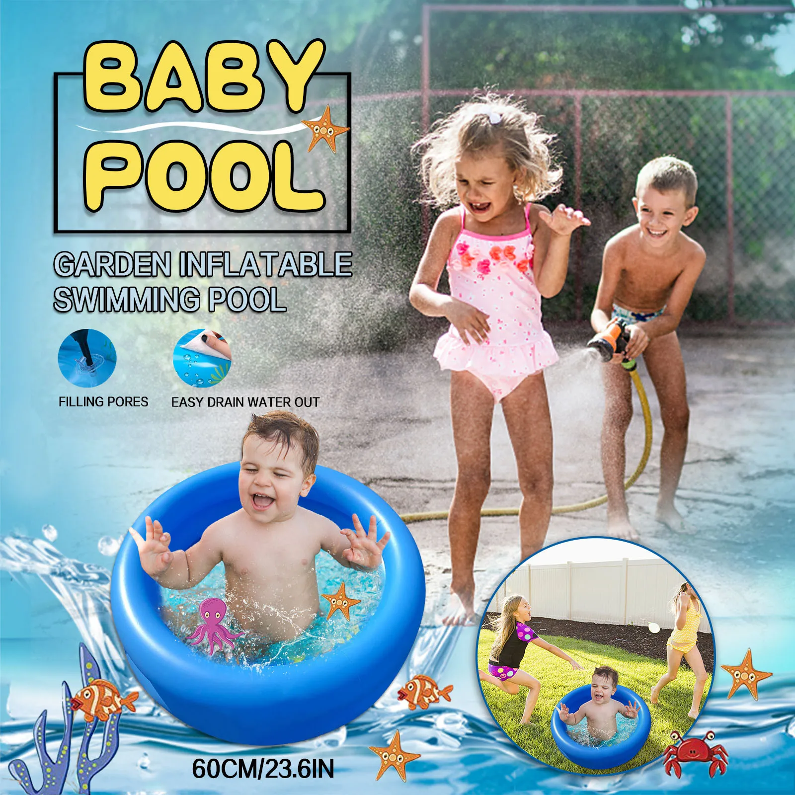 Baby Paddling Pool Toddler Kids babies 3 Ring Small 60cm Inflatable Swimming Fun 