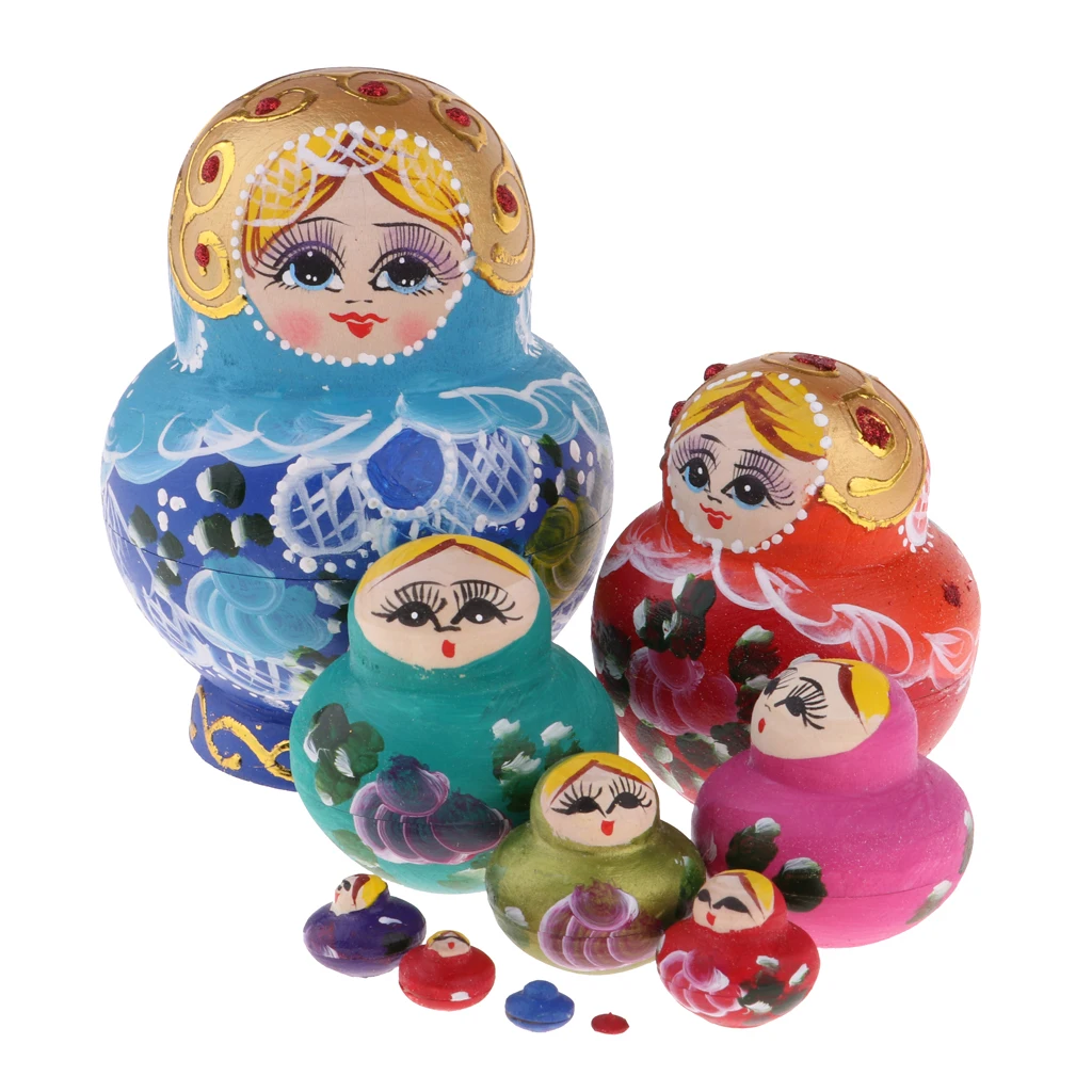 Prettyia Traditonal Girls Wooden Russian Nesting Doll Matryoshka Dolls 10pcs