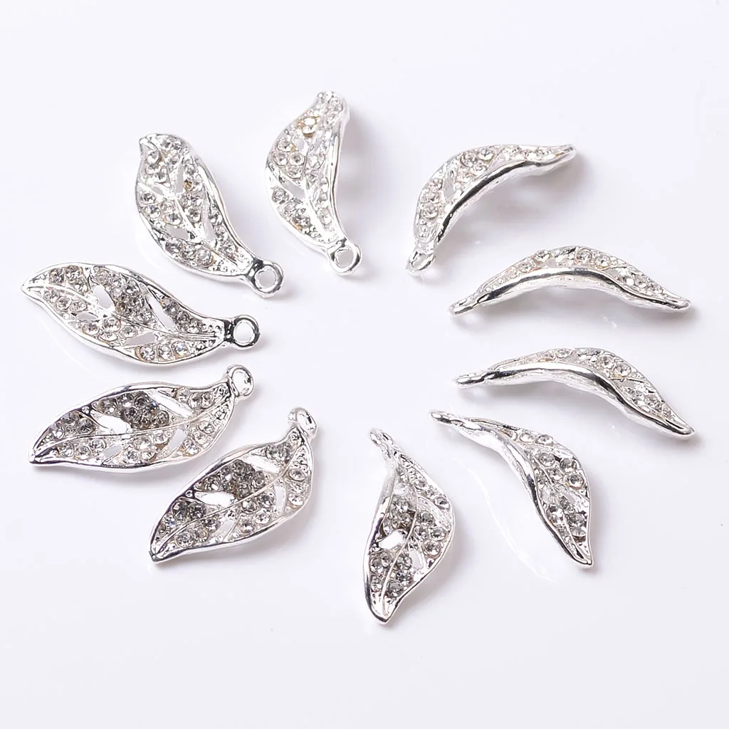 10Pc Crystal Rhinestone Hollow Leaves Charms Pendants for DIY Necklace Bracelets