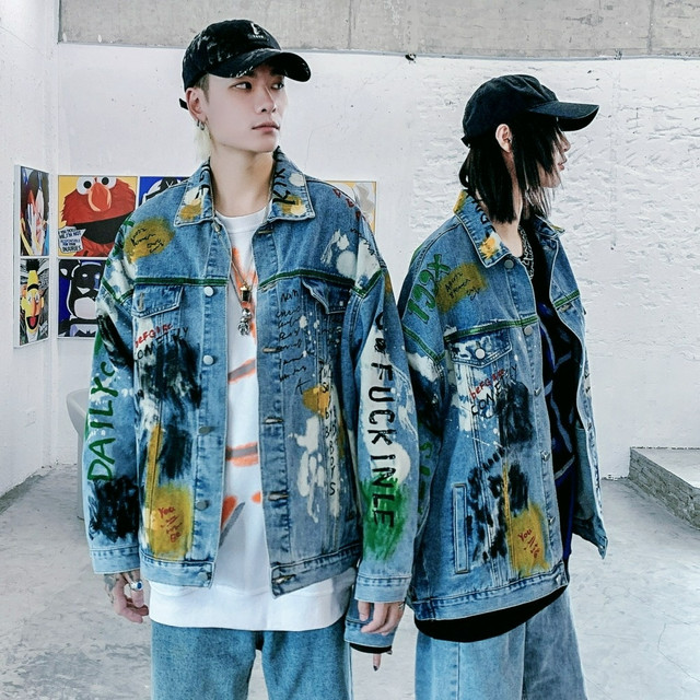 Lightning Graffiti Print Jean Jacket Men Hip Hop Streetwear Couple