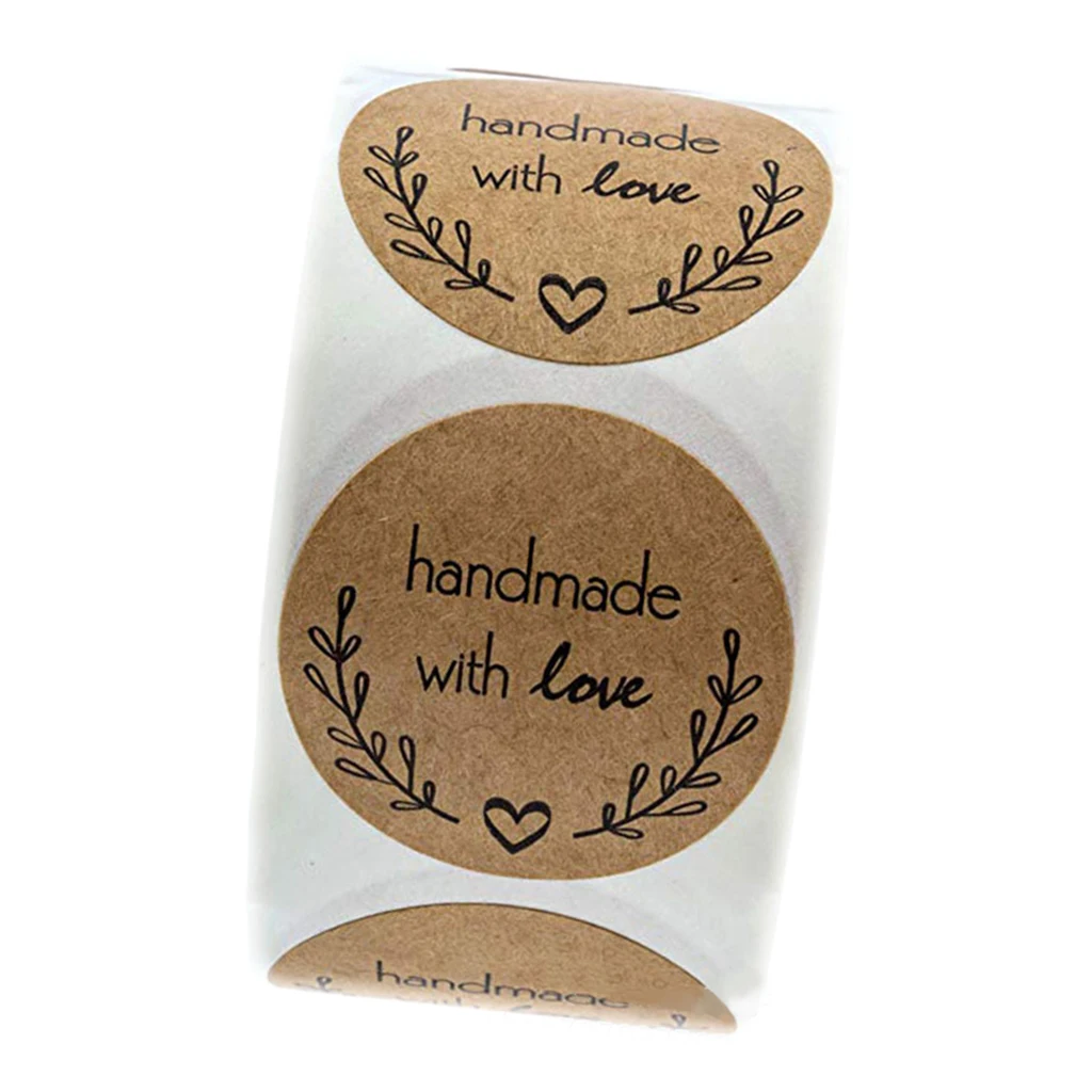 500Pcs Handmade with Love Sticker,  1`` Round Gift Wrapping Stickers Roll Kraft Paper Strong Adhesive Stickers