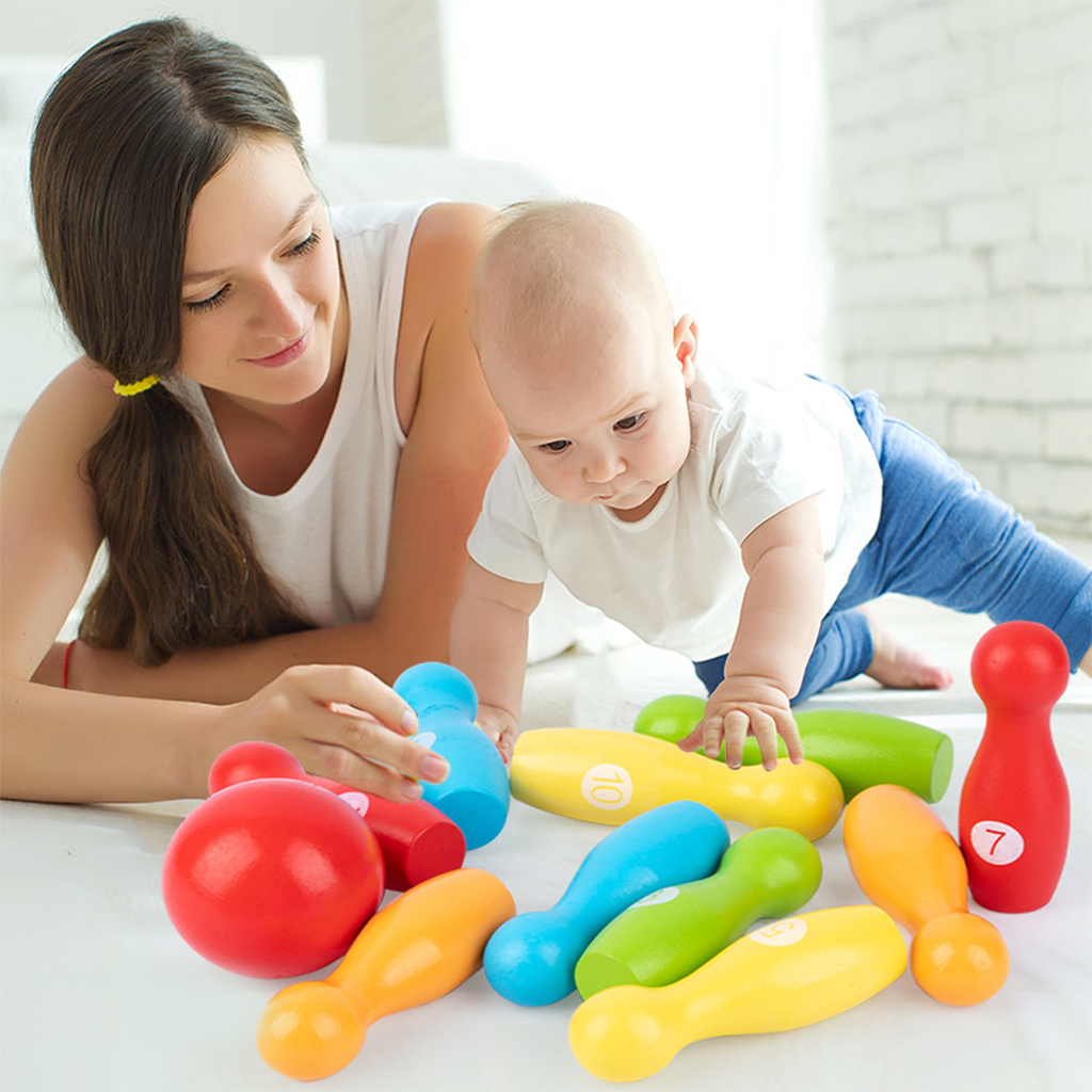 Wooden Bowling Set Skittles Toys with 10 Pins 1 Ball Educational Toy Gift for Kids