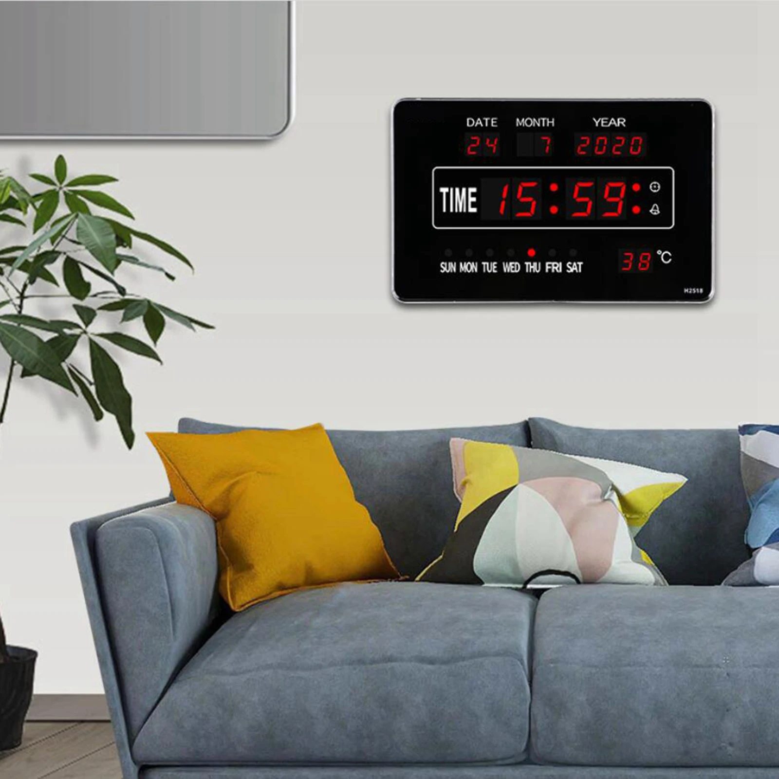 Large LED Wall Alarm Clock Displays Calendar Temperature Week, USB Powered