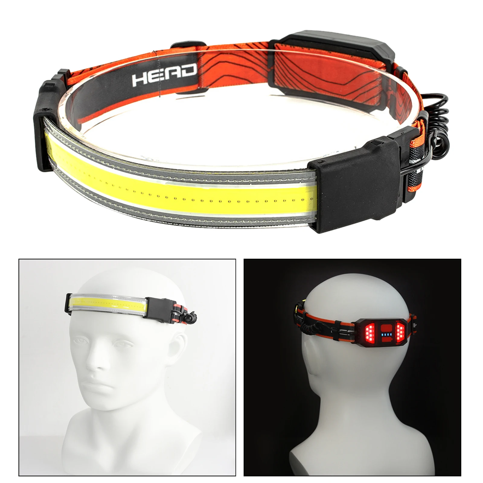 aCOB+LED Led Headlamp With Red Warning Light Built-in Battery Rechargeable Portable Headlight Strong Light Head Torch