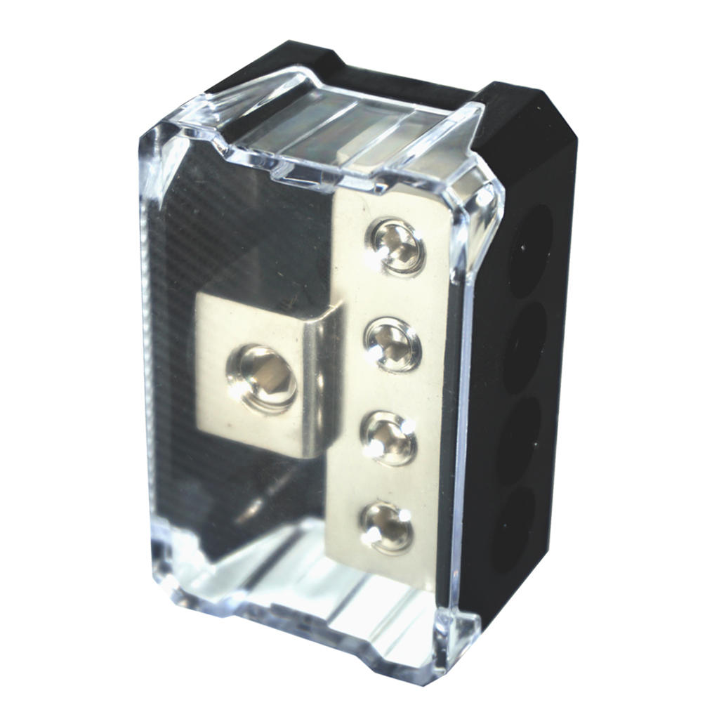 Ground Distribution Block, 1 X 0GA In/ 4 X 4GA Out, Nickle Plated Internal Material, High-Strength Heat Resistant  Housing