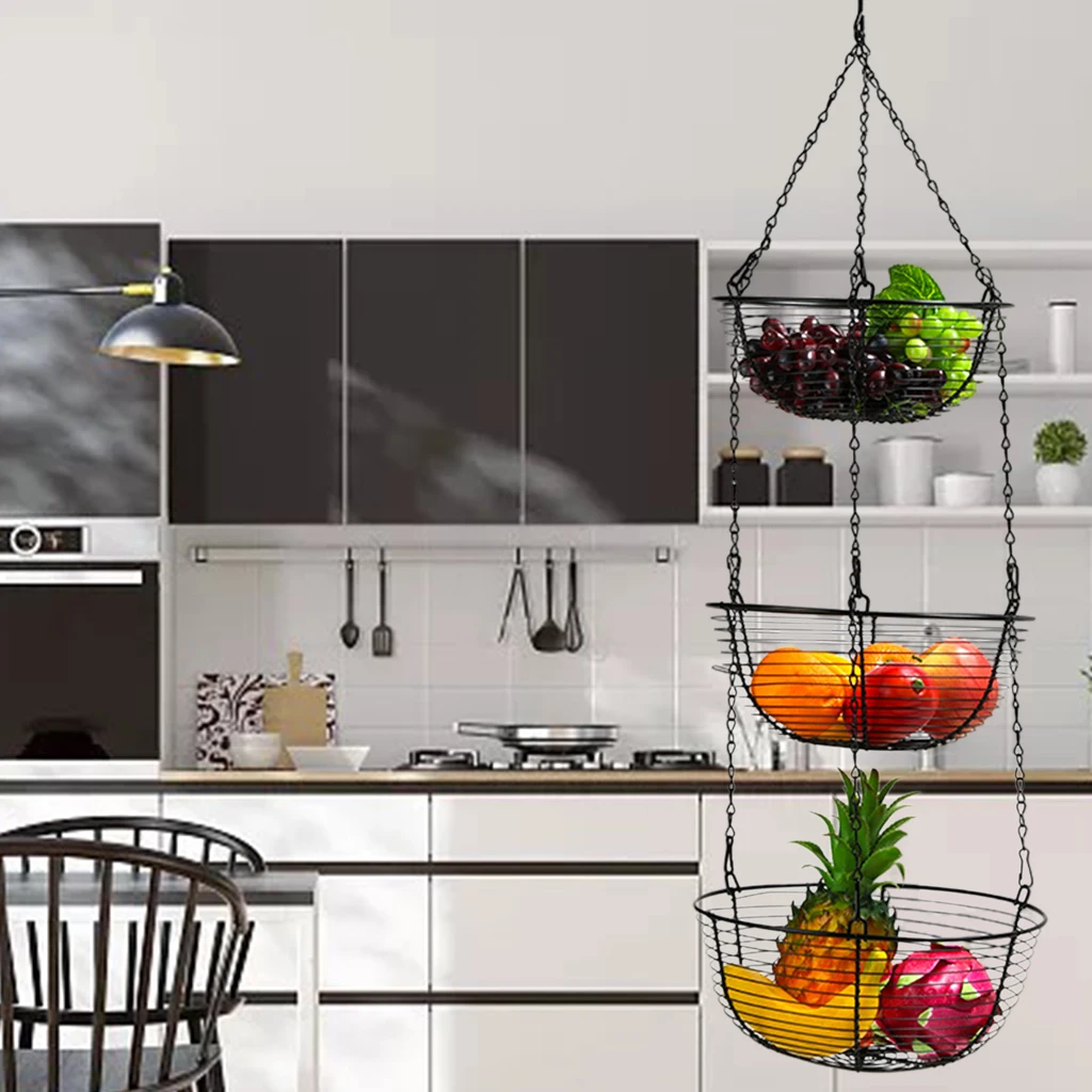 3-Tiers Hanging Fruit Basket Modern Style Black Fruit Organizer Holder for Vegetables Snacks Modern Home Kitchen Living Room