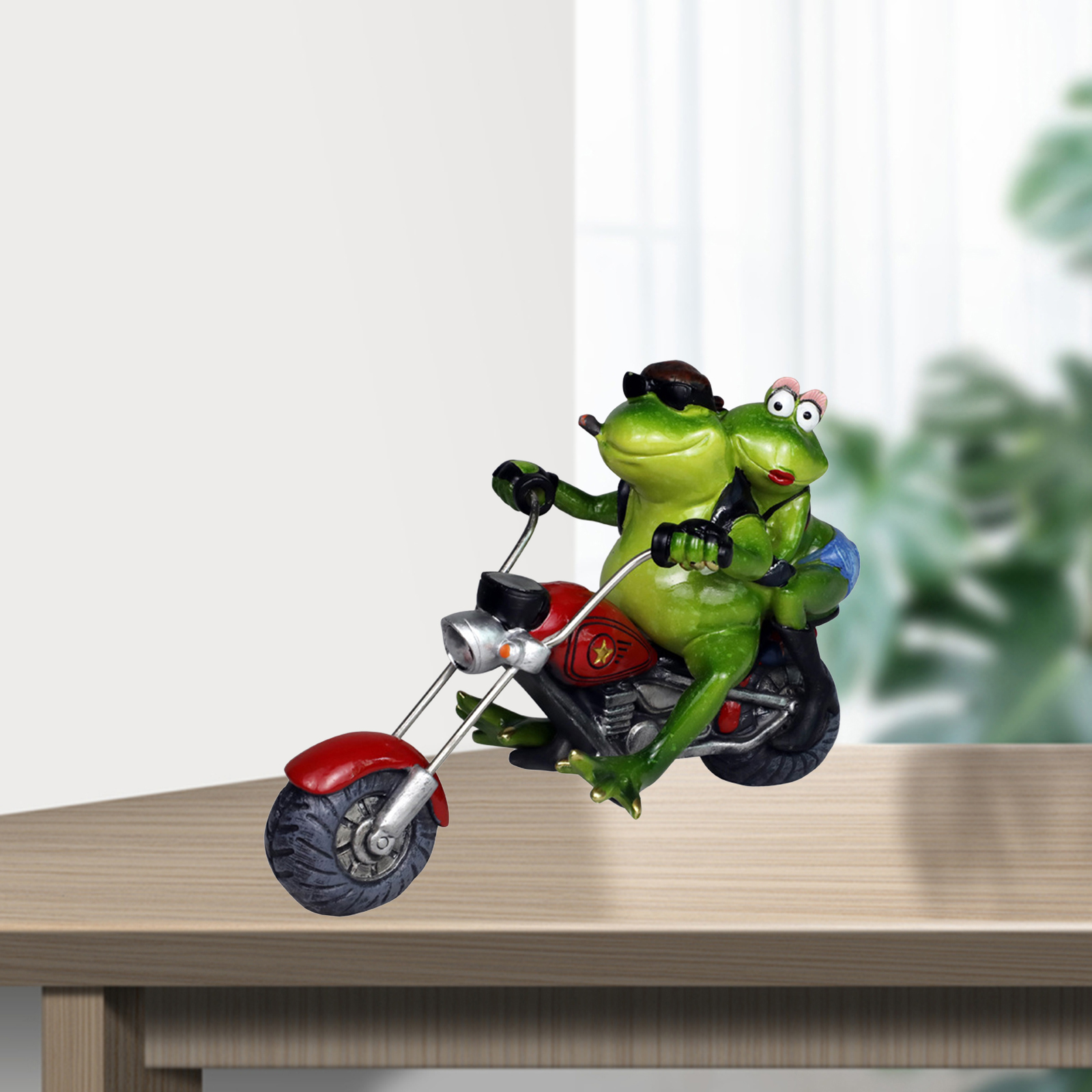 Resin Motorcycle Couple Frog Miniature Figurine Statue Indoor