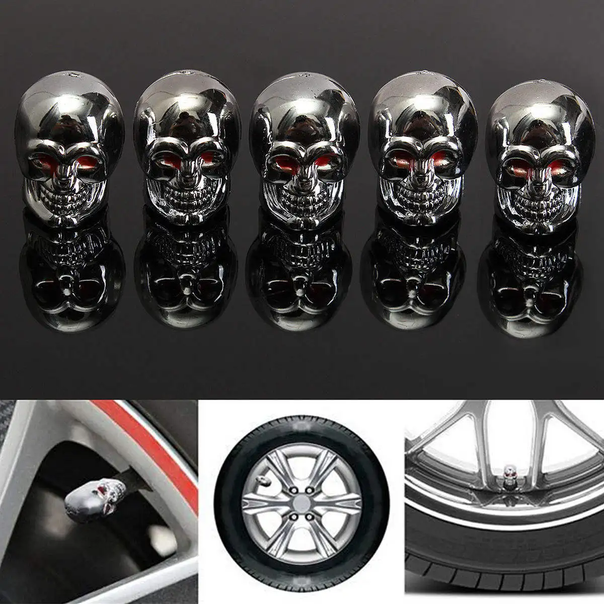 Punk Red Eyes Evil Skull Tyre Tire Air Valve Stem Caps Dust Cover for Car Bike Truck Motorcycle Pack of 5pcs