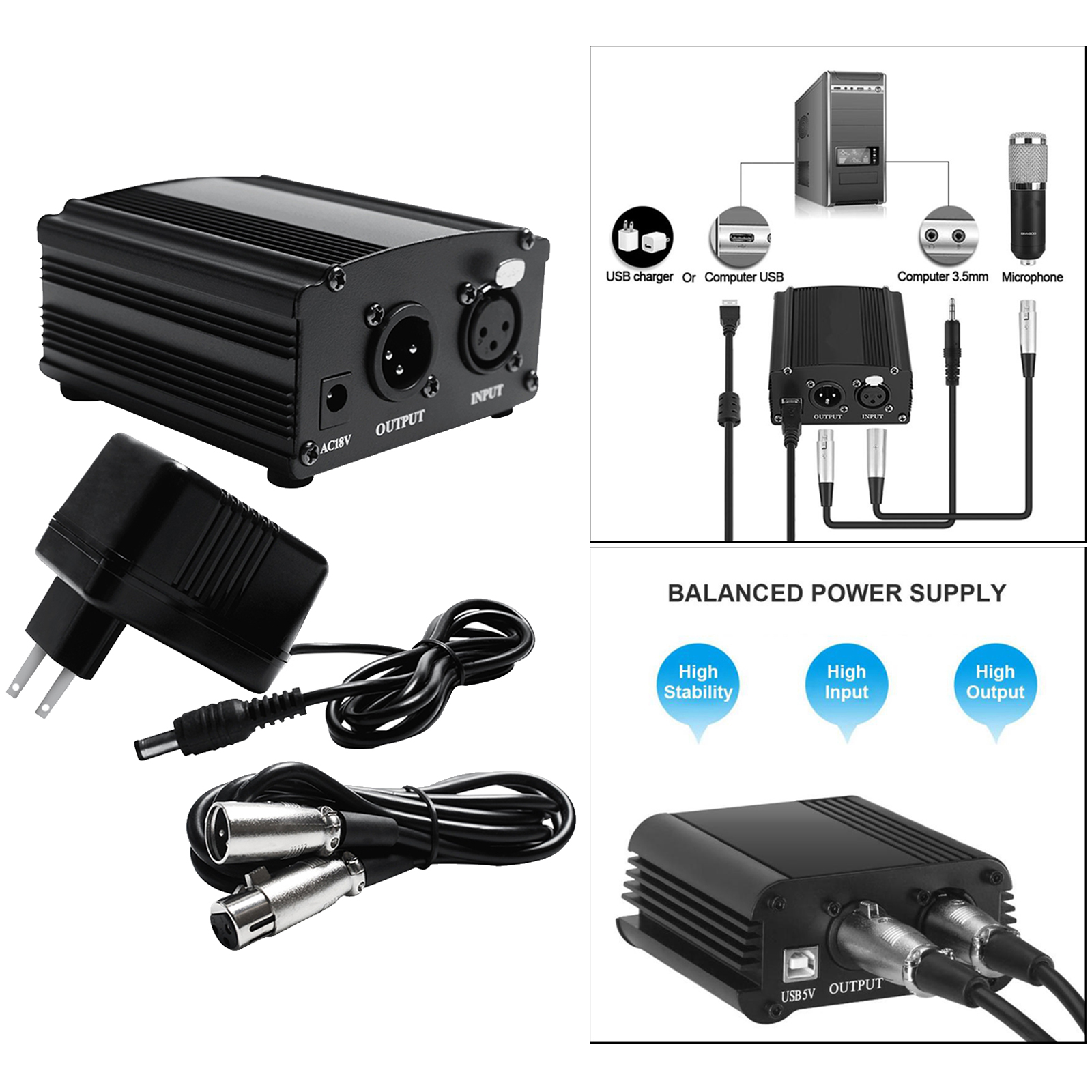 48V Phantom Power Supply with Charging Cable and XLR Cable for Microphone