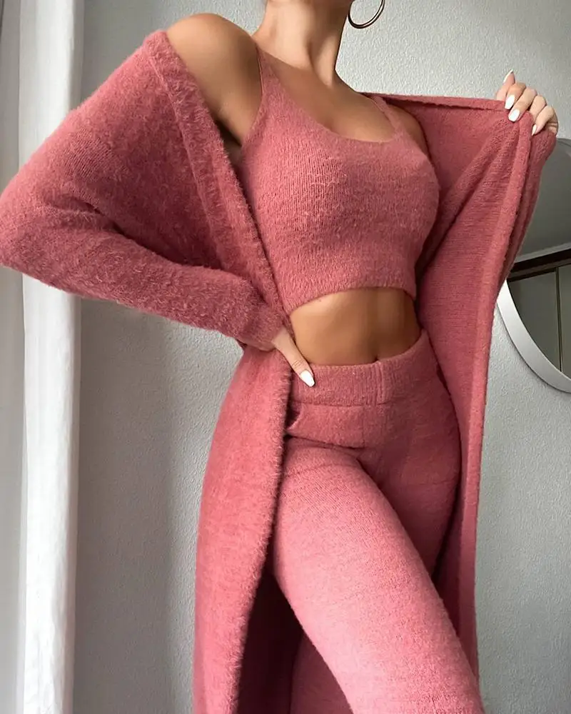 Lounge Wear Soft Fluffy 3 Piece Set Women Tracksuit Fleece White Sexy Vest+Pants+Cardigan Winter Outfit Homewear Female plus size pant suits for special occasions