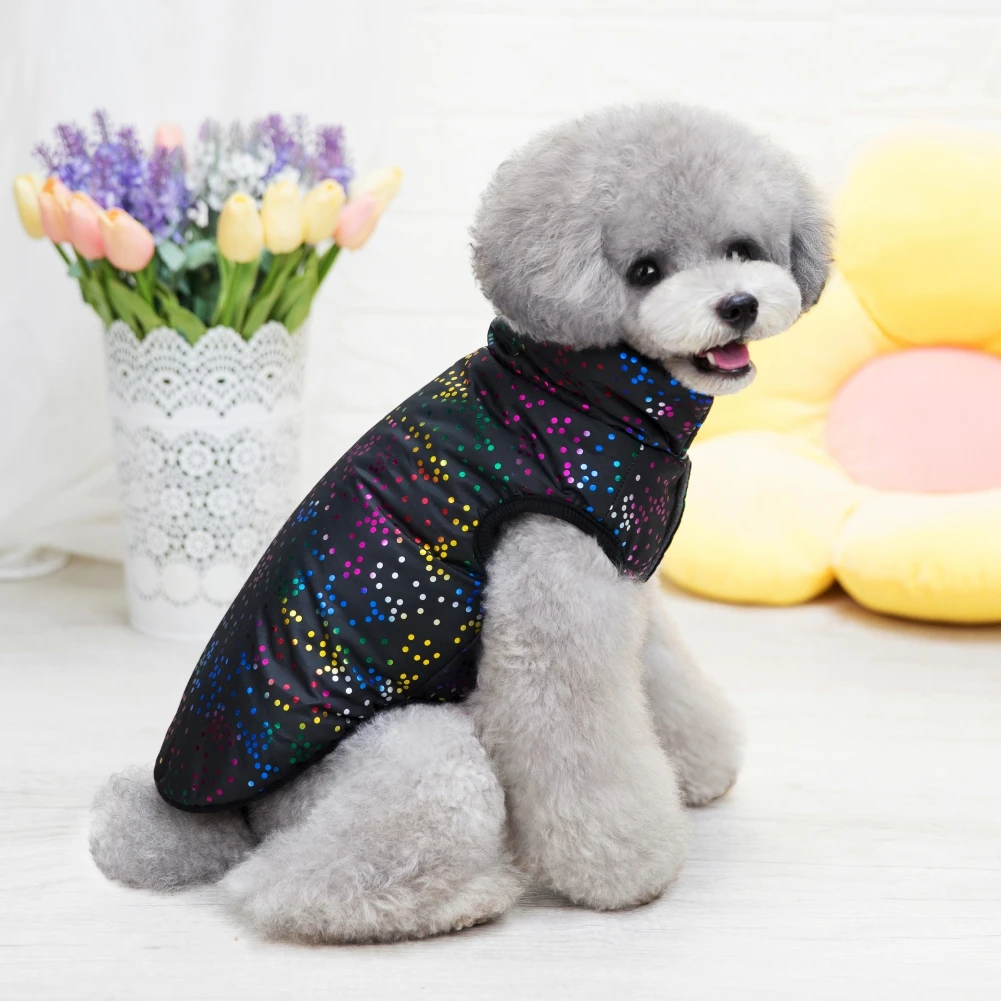 Un perro pequeño que viste una prenda colorida y estampada que se asemeja a una chaqueta o un suéter. El perro tiene un pelaje esponjoso y está sentado en una superficie con un jarrón de flores y un cojín amarillo al fondo.