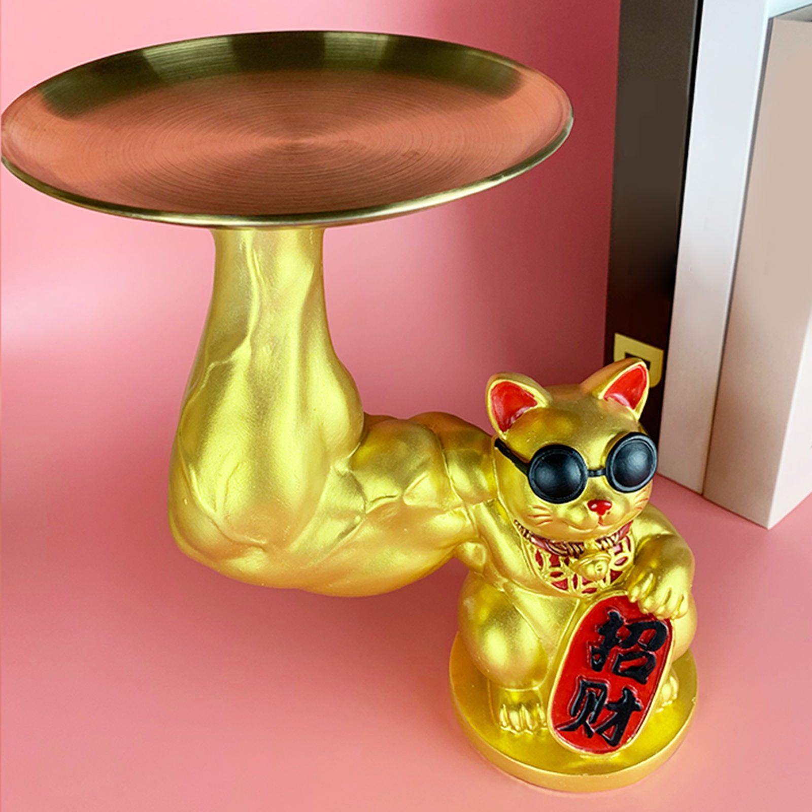 Giant Muscle Arm Fortune Cat Statue Figurine Feng Shui Animal Craft Office Room Shop Home Door Interior Decoration Accessories