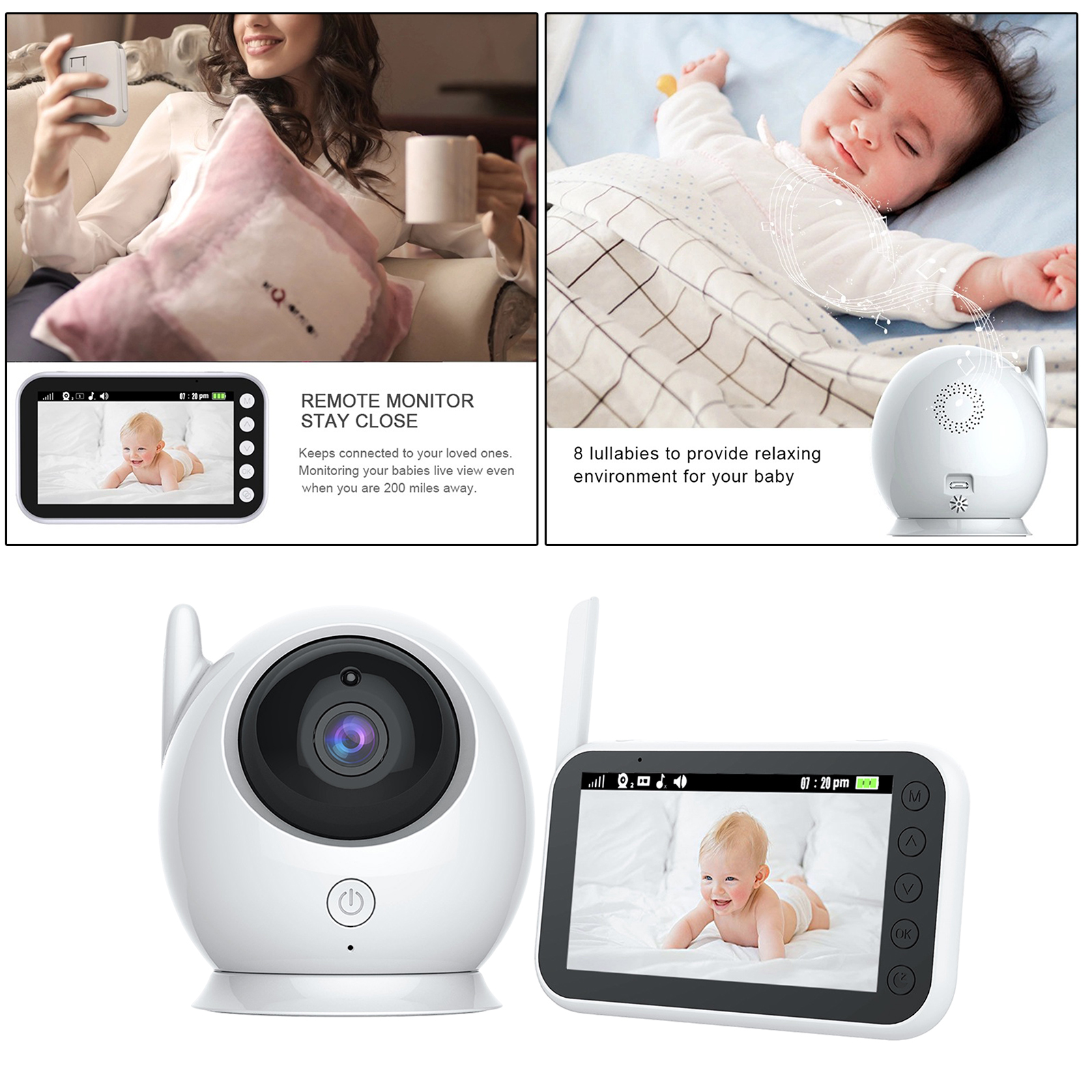 4.3 Inch Wireless Video Baby Monitor WiFi Camera Indoor 360-Degree 8 Lullabies for Parents Temperature Monitor Motion Tracking