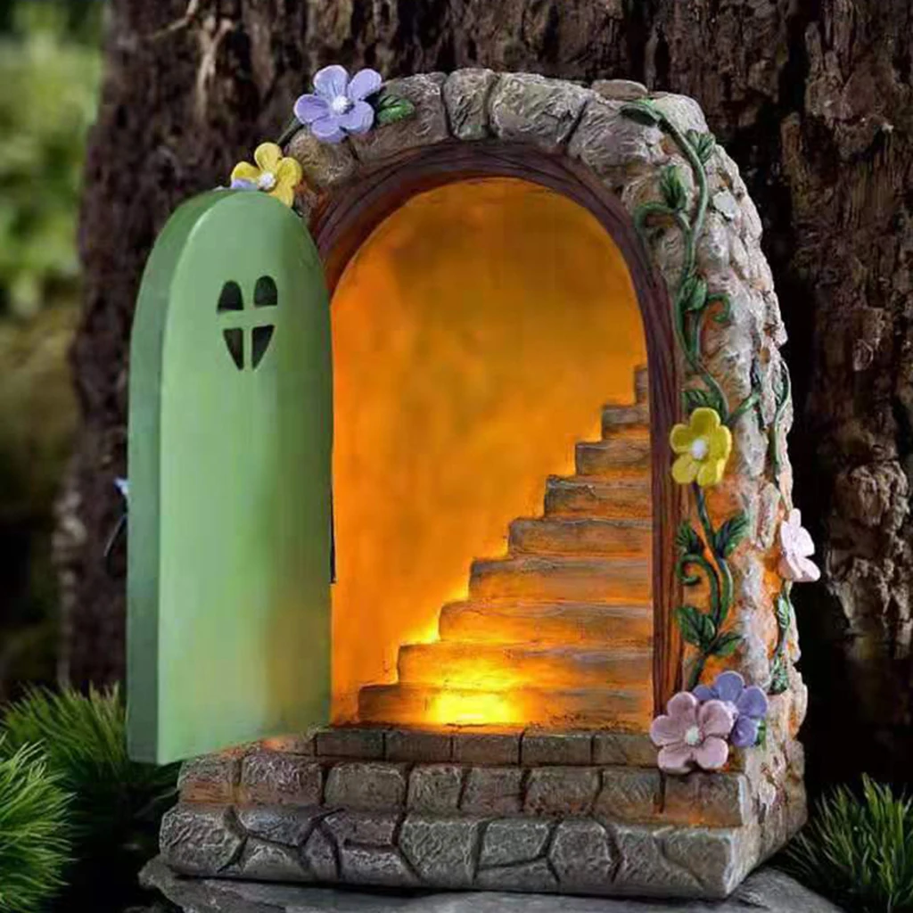 Large Fairy Door Solar Light LED Elf Steps Stone Door Secret Magical Fairy Garden Ornament Outdoor Figurine 15cm