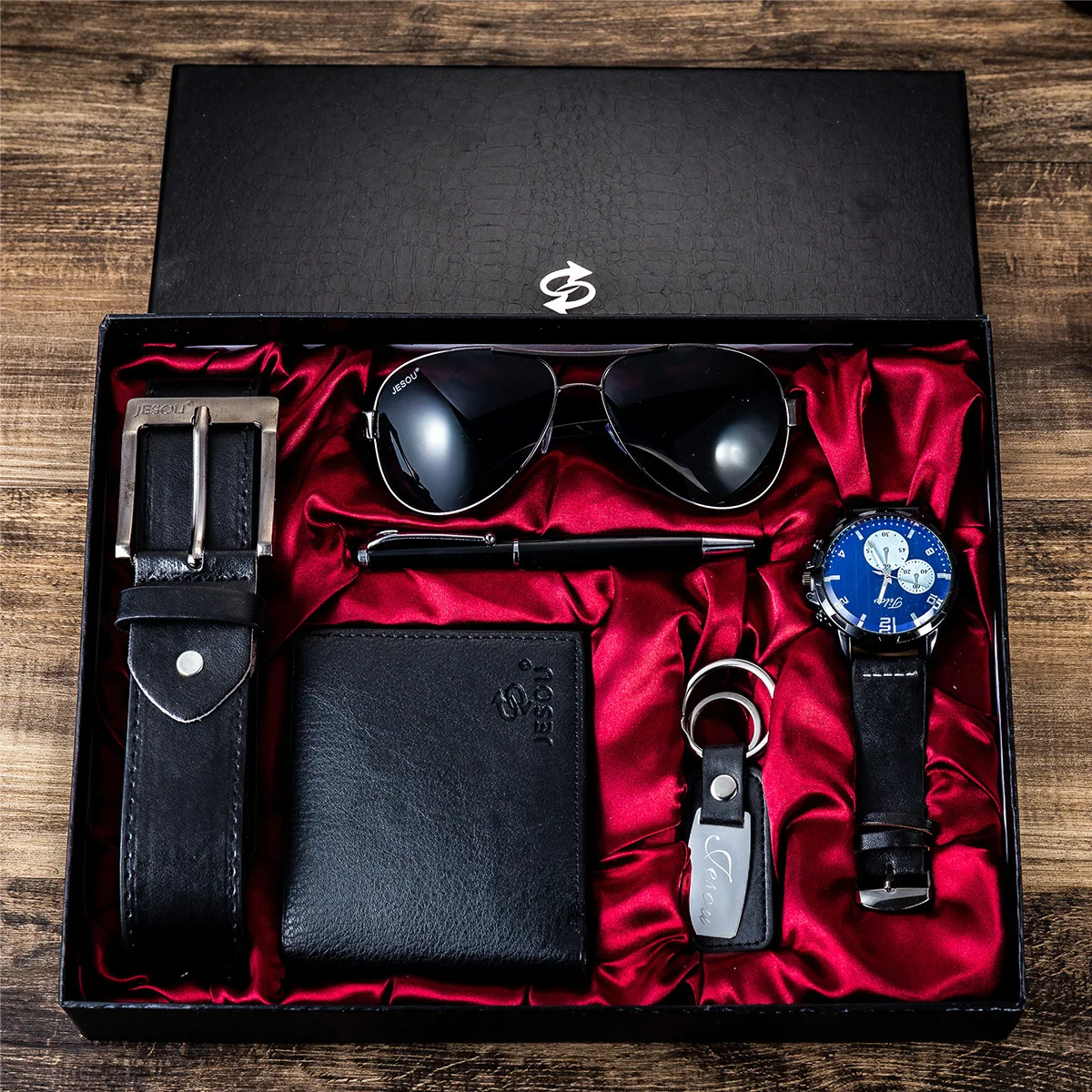 New 6Pcs/Set Fashion Mens Watches Set Luxury Gift Box Watch for Men Glasses Belt Keychain Pen Wallet Wristwatch Set Best Gift farer quartz watches	