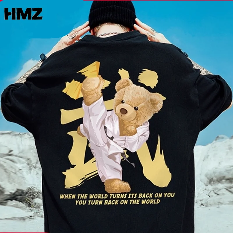 hmz streetwear camisas kung fu urso impressão tshirt manga curta casual camiseta hip hop harajuku solto topo de grandes dimensões