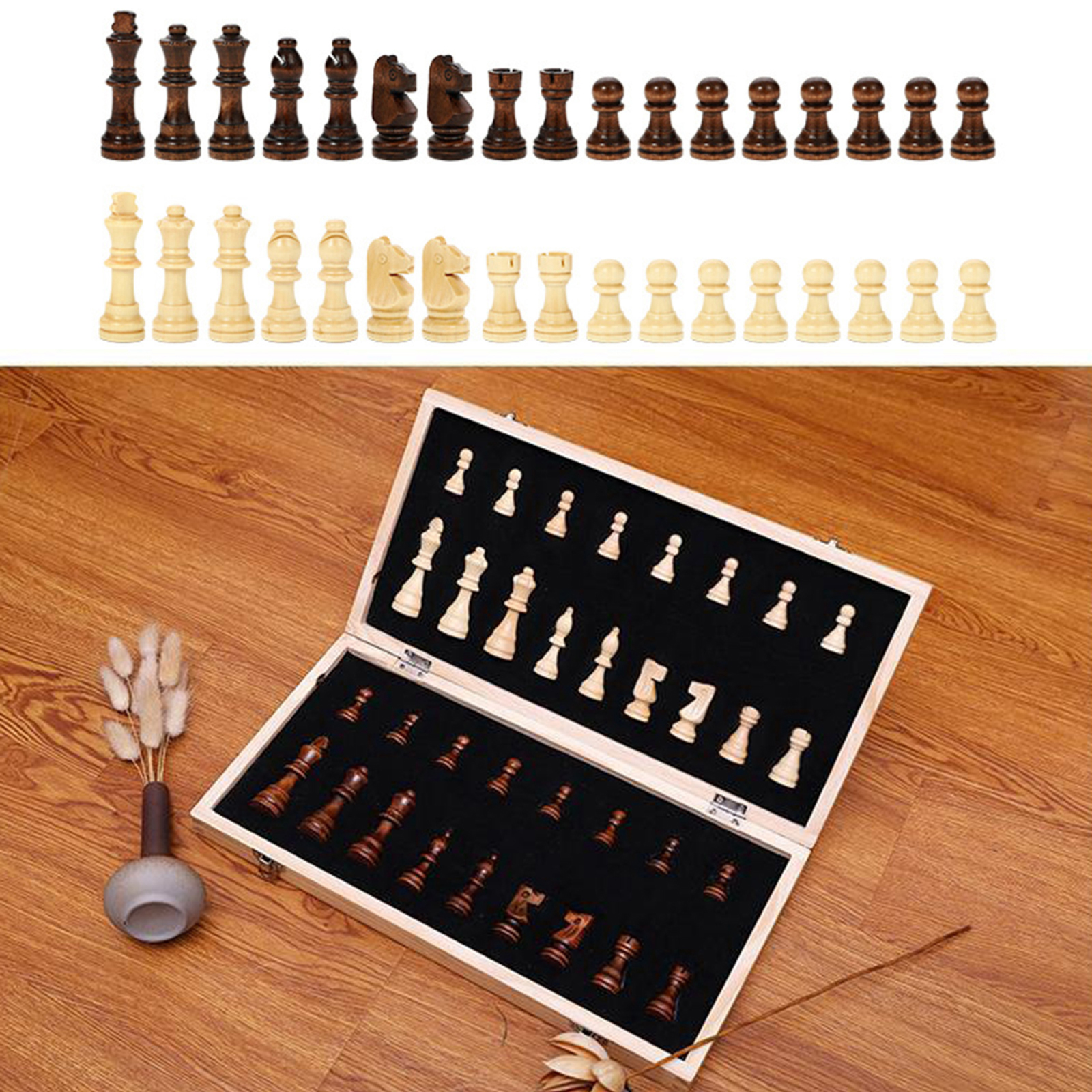1 Set  Wooden Folding Chess(34 Chess Pieces+1 Board) Made of Quality Wood with