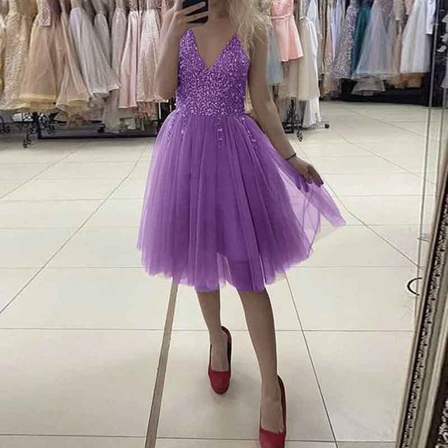 Grace Purple Homecoming Dresses V Neck Beading Sleeveless Prom Gowns Tulle Sequined Knee Length Party Dresses Graduation Gowns AliExpress 320