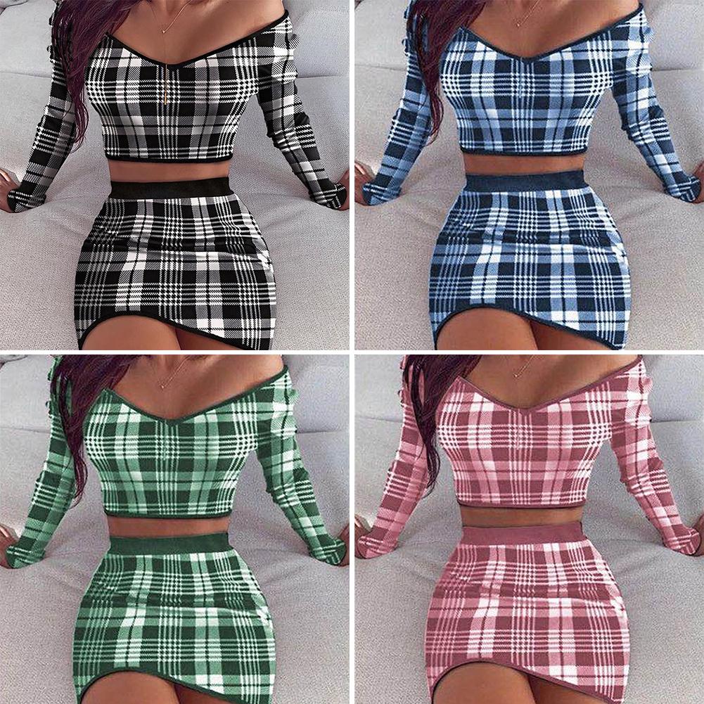 conjunto de duas peças xadrez de manga moda primavera roupas com saia top para