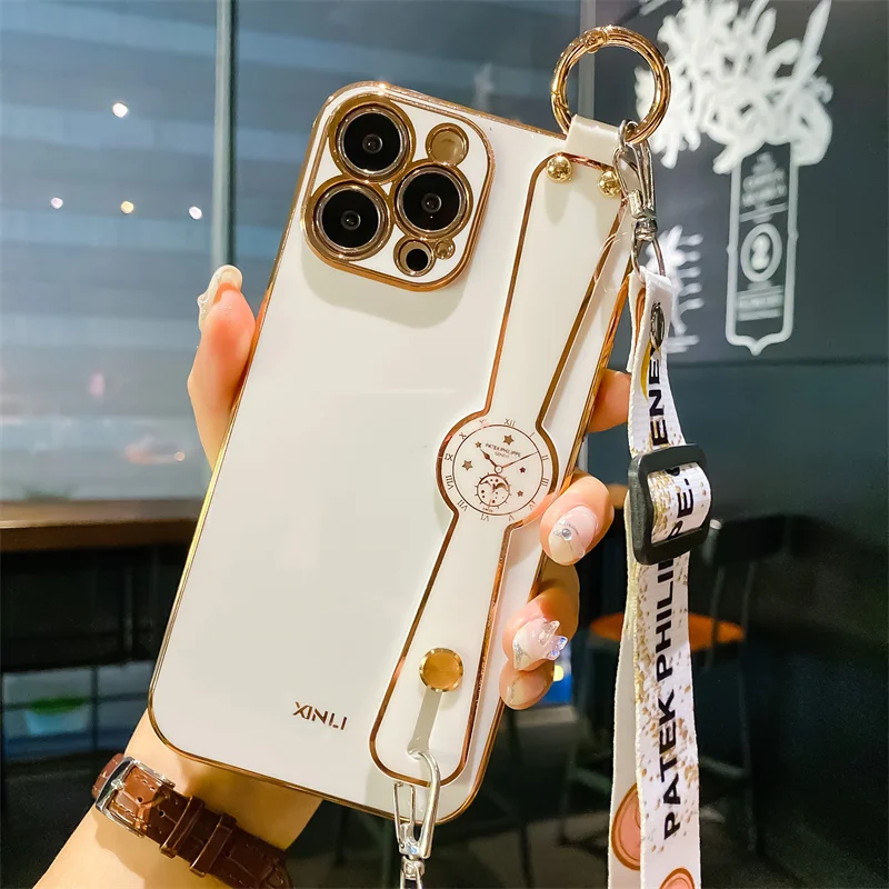 Shoulder Strap Wristband Holder Case for iPhone 13 12 11 12 Pro XR XS Max X 7 8 Plus 6 SE 2 Camera Protect Electroplated Cover apple 13 pro max case
