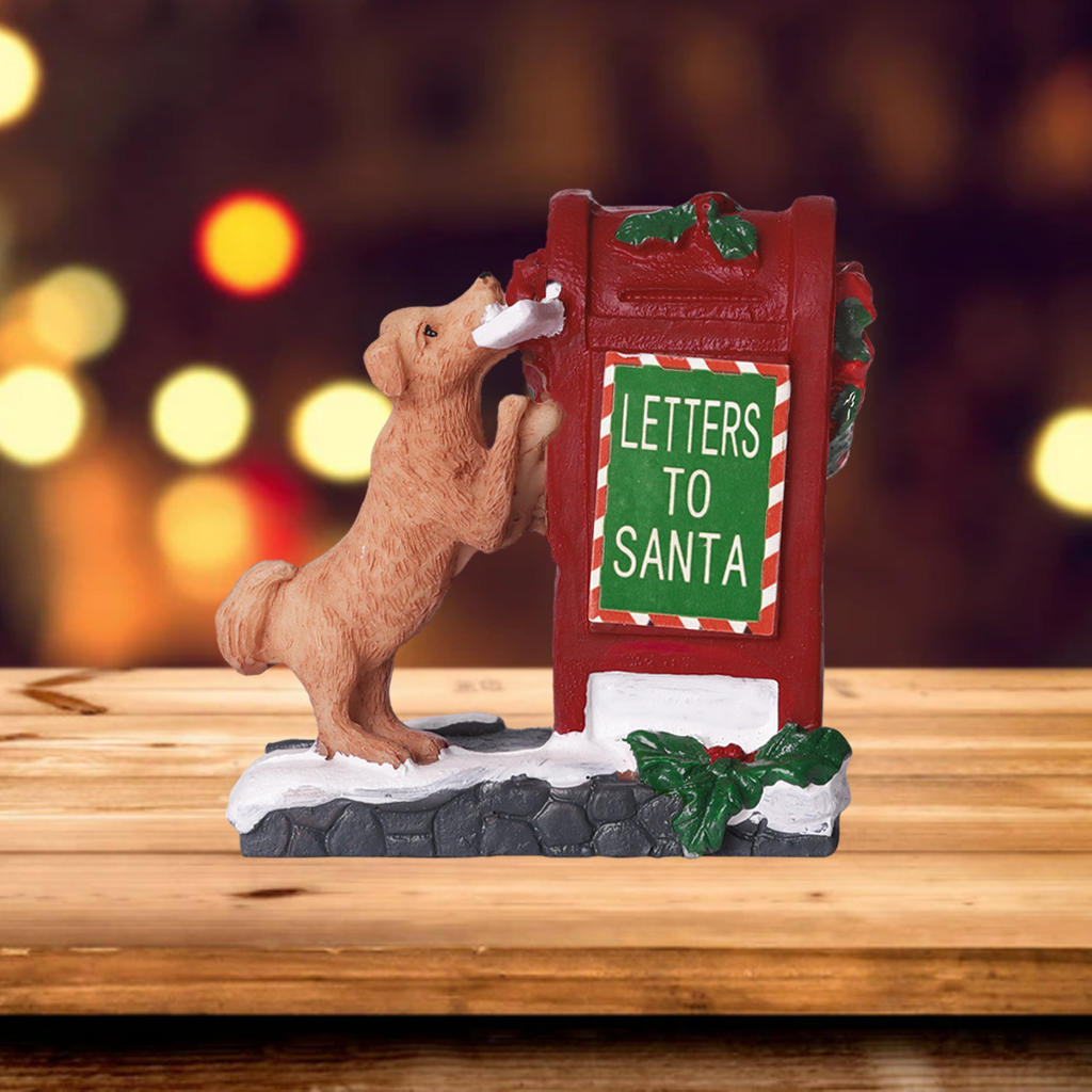 Christmas Statue Figurine Cute Doggy Letter Santa's Mailbox Sculpture Art for Table Bedroom Living Room Home Decor Office