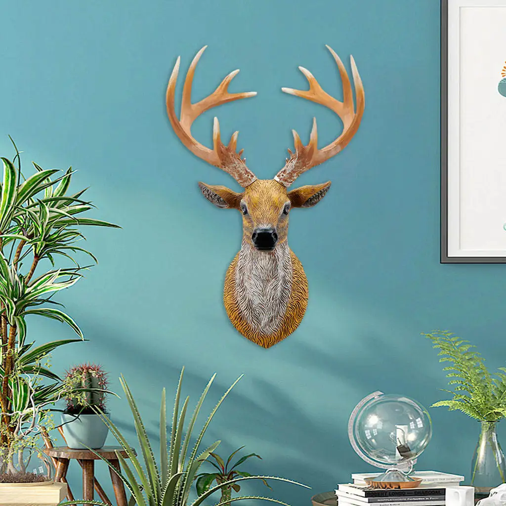 Fake Deer Head Statue Figurines Sculpture Wall Mounted Artwork Craft Antlers Stag 3D Ornament for Gallery Christmas Gift Decor