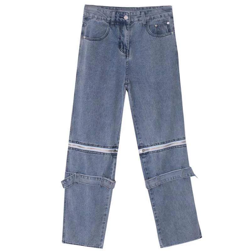 paige jeans Zipper Ripped Straight Jeans Women's Autumn New Large Size Loose Wide Leg Pants jeans women