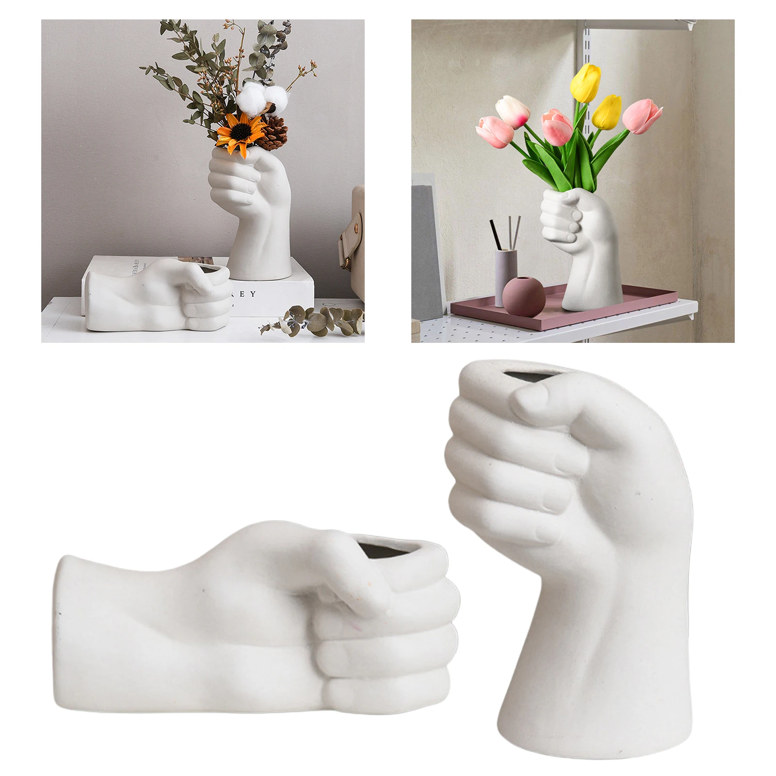 Creative White Ceramic Vase Fist Sculpture Dried Flowers Bouquets Ornament