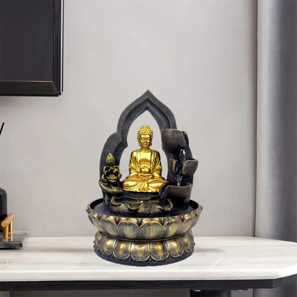 Indoor Waterfall Fountain Office Tabletop Relaxation Fountain With LED Light Lucky Feng Shui Buddha Statue Resin Figurines