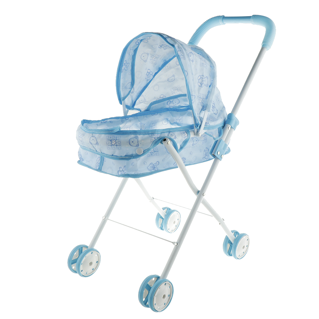 Portable Doll Stroller Carrier Pram Blue Pretend Play Toys, Gift for Toddler