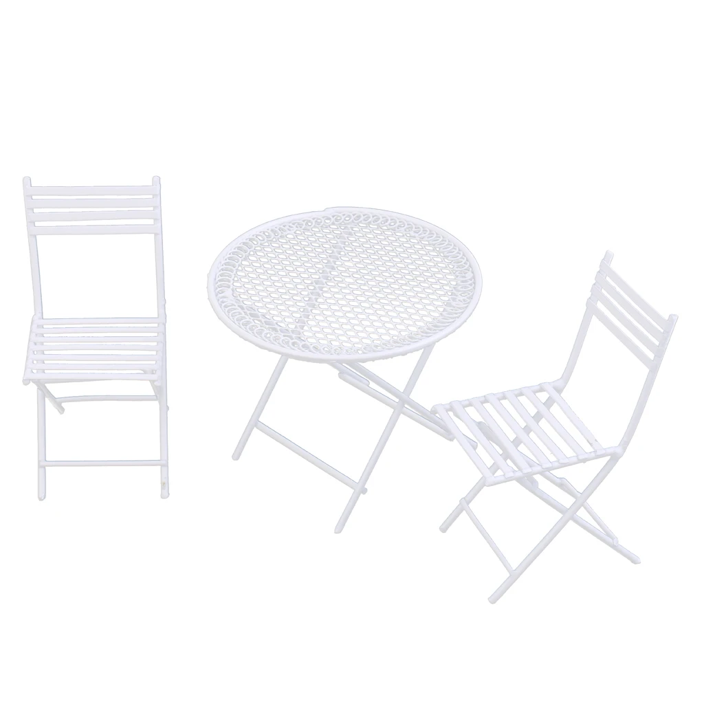 1:12 Dolls House Miniature Furniture White Metal Round Table With 2 Chairs