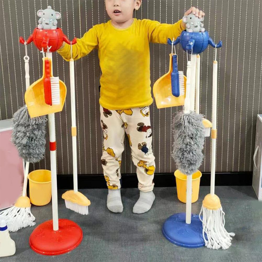 1Set Cute Elephant Kids Cleaning Toy Set Pretend Play With Broom Mop Brush Organizing Stand for Kids 4-6 Years Old