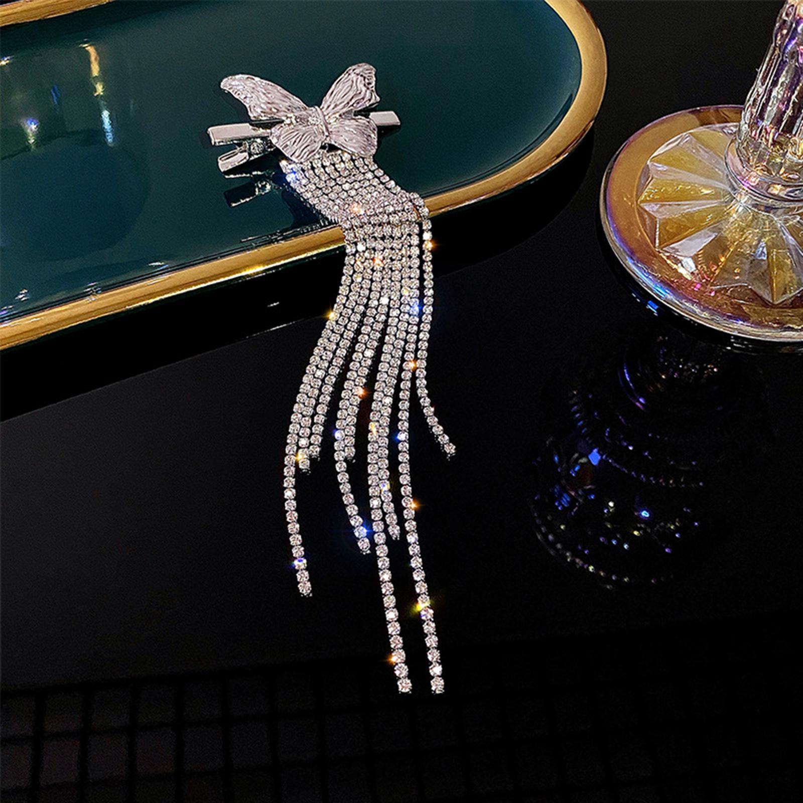 Women Fashion Butterfly Diamond Tassel Hairpin Side Bangs Clip Broken Hair Duckbill Clip Personality Super Long Hair Accessories