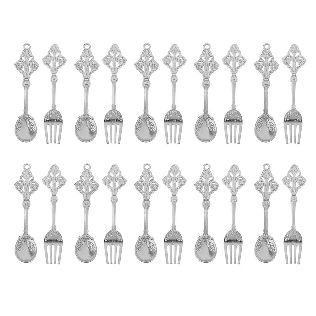 10 Pairs Mini Silver Spoon Fork Kit Tableware for 1/12 Dolls House Kitchen