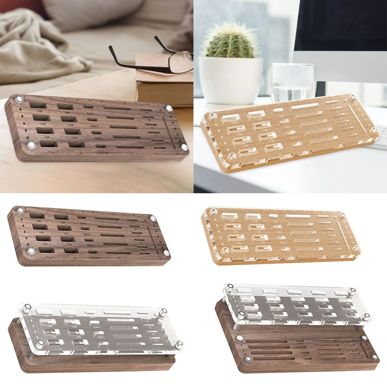 Storage Box Transparent Wooden Slot Holder Multi-Grid Clear for Countertop SD Card Memory Card USB Flash Drive Desktop