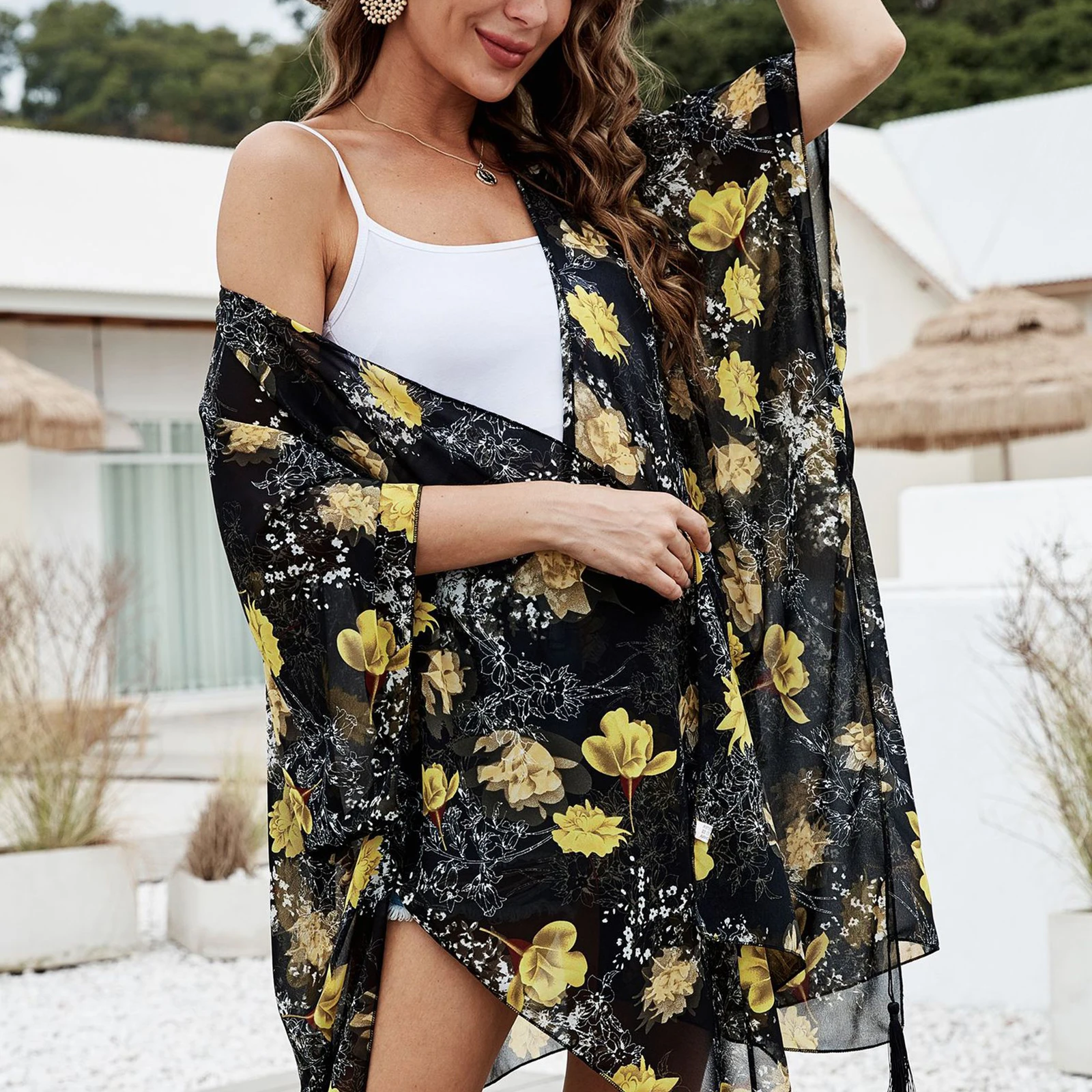 Fudule Womens Fashion Kimono Cardigans Plus Size Chiffon Summer Beach Cover Up Kimono Long Shawl Capes Tops Beachwear 