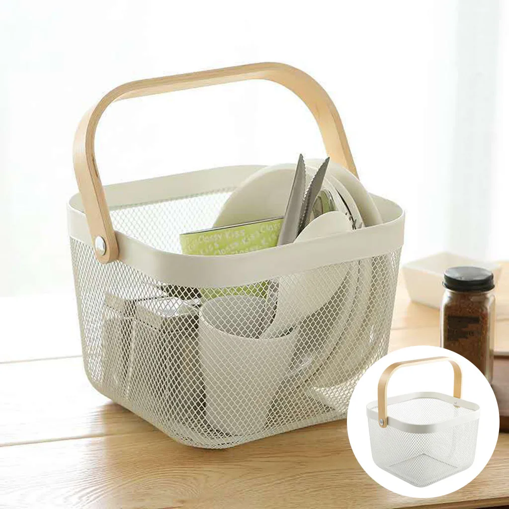 Portable Storage Basket with Wooden Handle Home Kitchen Table Setting Sundries Organizer