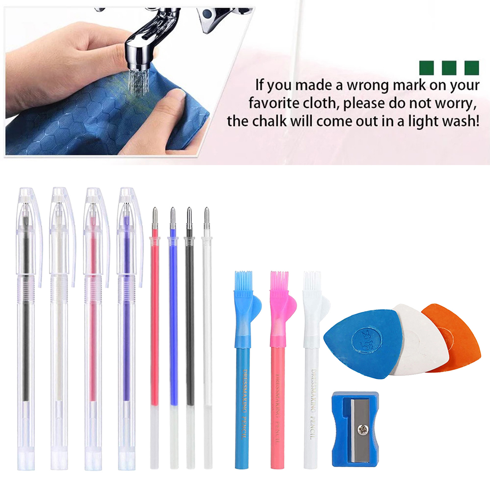 4pcs Heat Erasable Pens with 4pcs Refills, Fabric Marking Pencil Heat Erase Pens, Pencils, Chalk and Pencil sharpener
