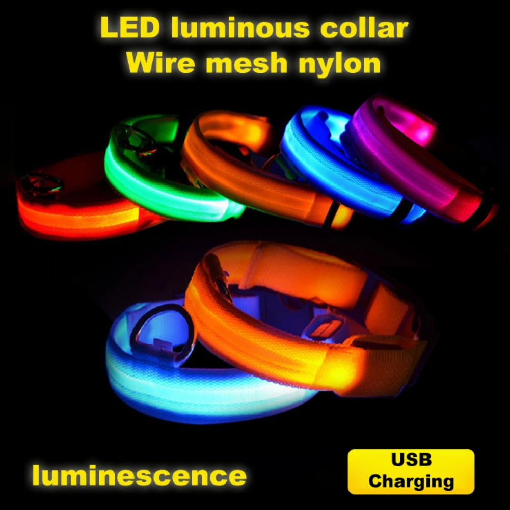 Un producto que parece ser un collar luminoso fabricado con malla metálica de nailon. Está diseñado para brillar en la oscuridad, probablemente usando luces LED, y está diseñado para usarse alrededor del cuello. El collar se muestra en varios colores, lo que sugiere que puede cambiar de color o usarse con luces LED de diferentes colores.