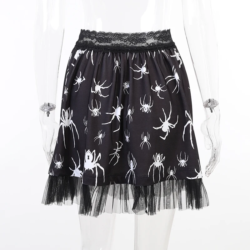 E-girl Gothic Black Lace Mini Skirt Women Streetwear Spider Print Punk Style Vintage Summer High Waist A-line Skirt Harajuku