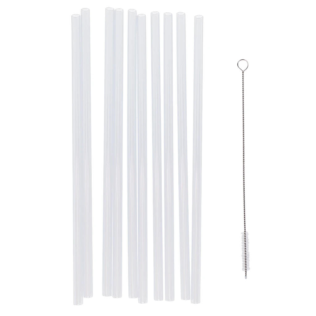 10x Reusable Clear Hard Plastic Straws+1x Cleaning Brush Replacement Tumblers