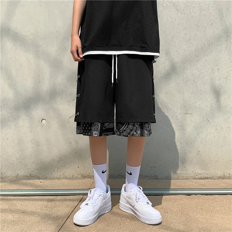 casual shorts for men Men Casual Shorts Patchwork Design Fake Two Pieces Straight Retro Harajuku Streetwear Knee-length Trousers Drawstring Stylish BF maamgic sweat shorts