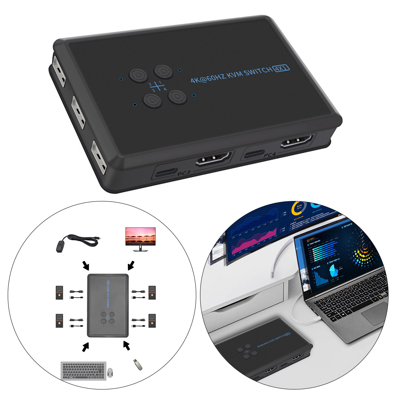 KVM Switch  4 Port Box, UHD 4K@60Hz & 3D & 1080P Supported, Downward