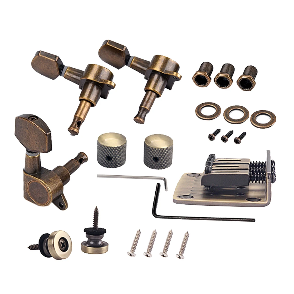 Combo Kits Bronze Saddle Bridge Tuning Pegs Control Knobs Strap Locks Wrenches Screws Washers for 3 String Cigar Box Guitar