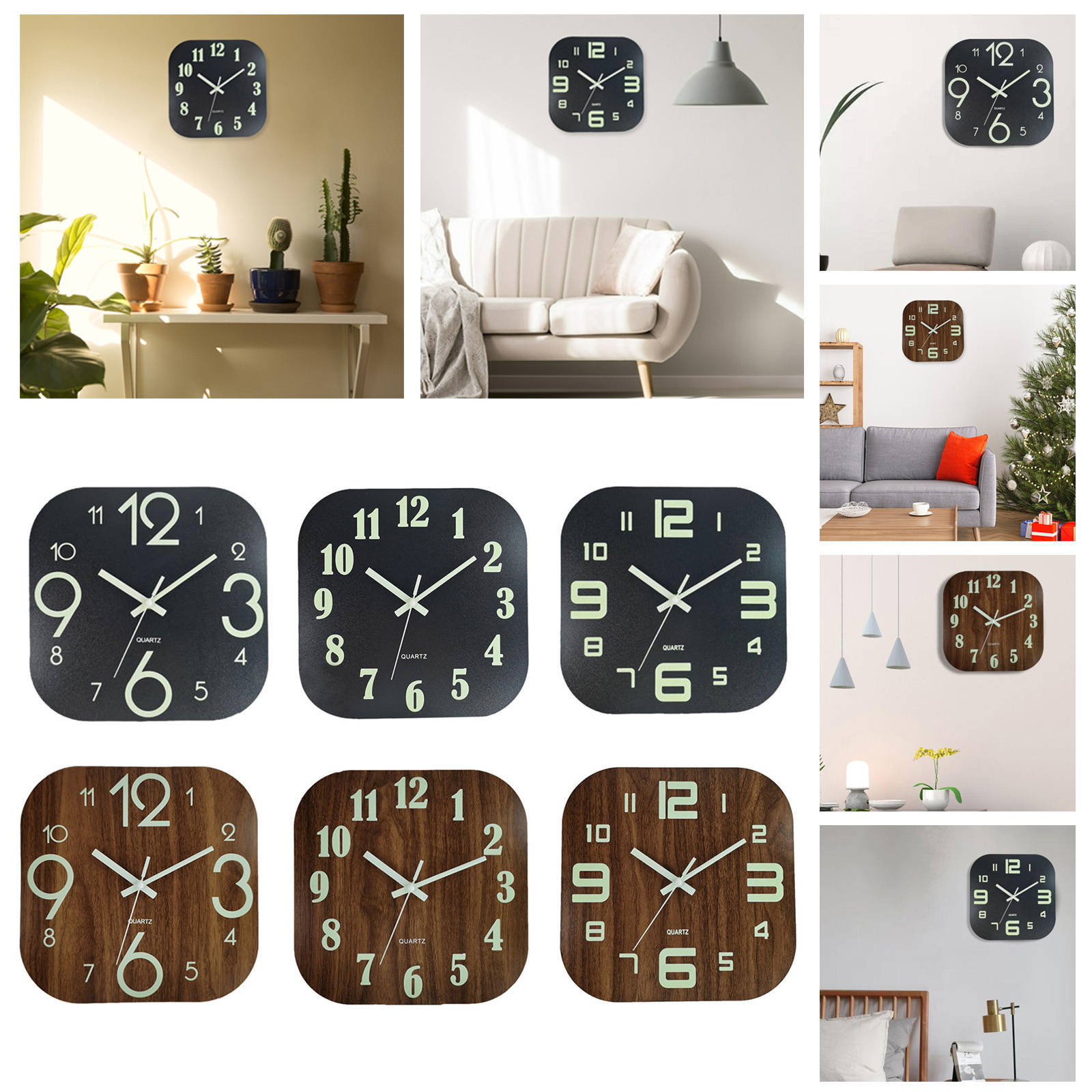 Modern Wall Clock 30cm Wood Decorative Night Light Non-Ticking Battery Operated Glow in Dark Luminous for Classroom Living Room