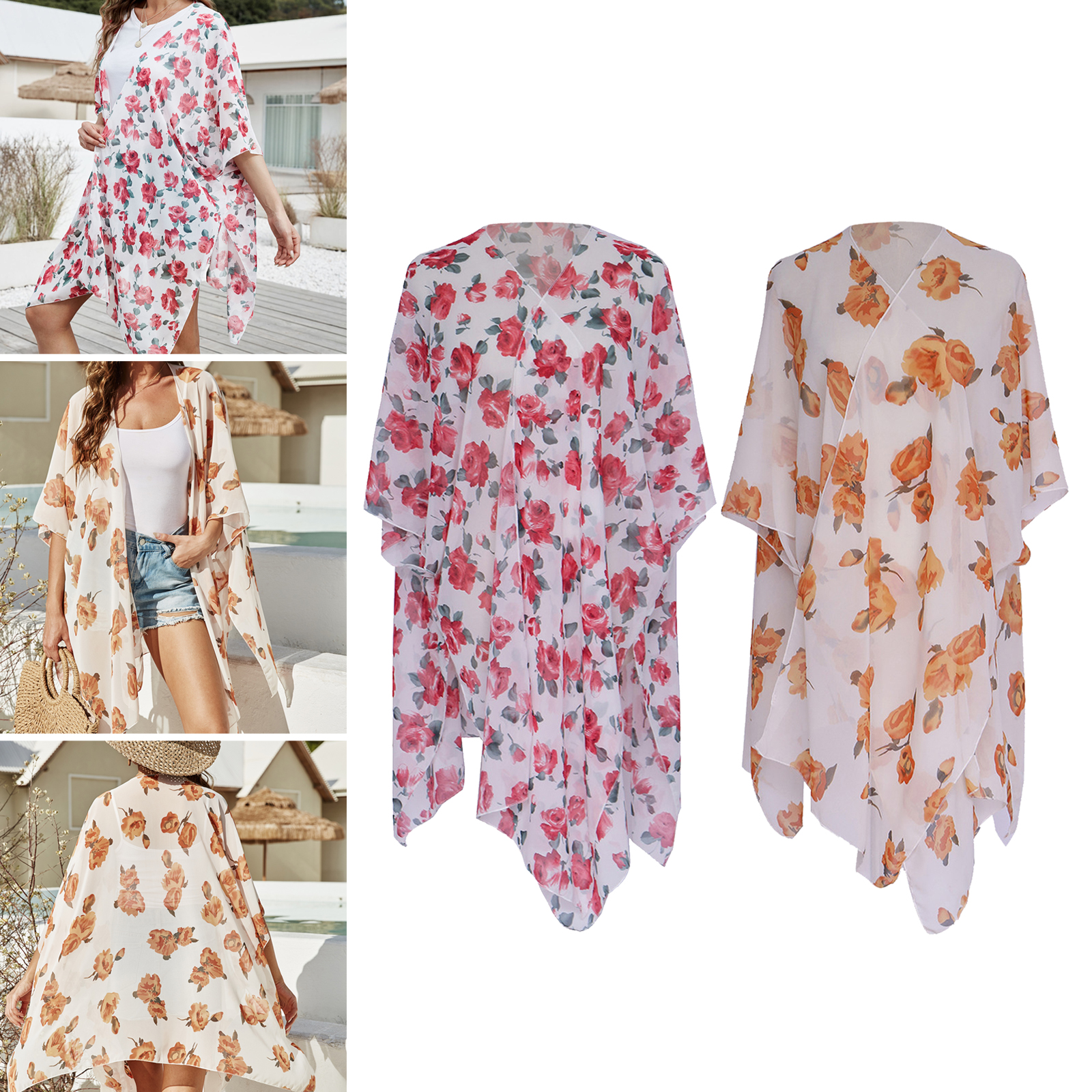 Sexy Beach Bikini Cover up Dress, Beautiful Floral Chiffon Swimsuit Covers Kimono Cardigan for Women Ladies Girls