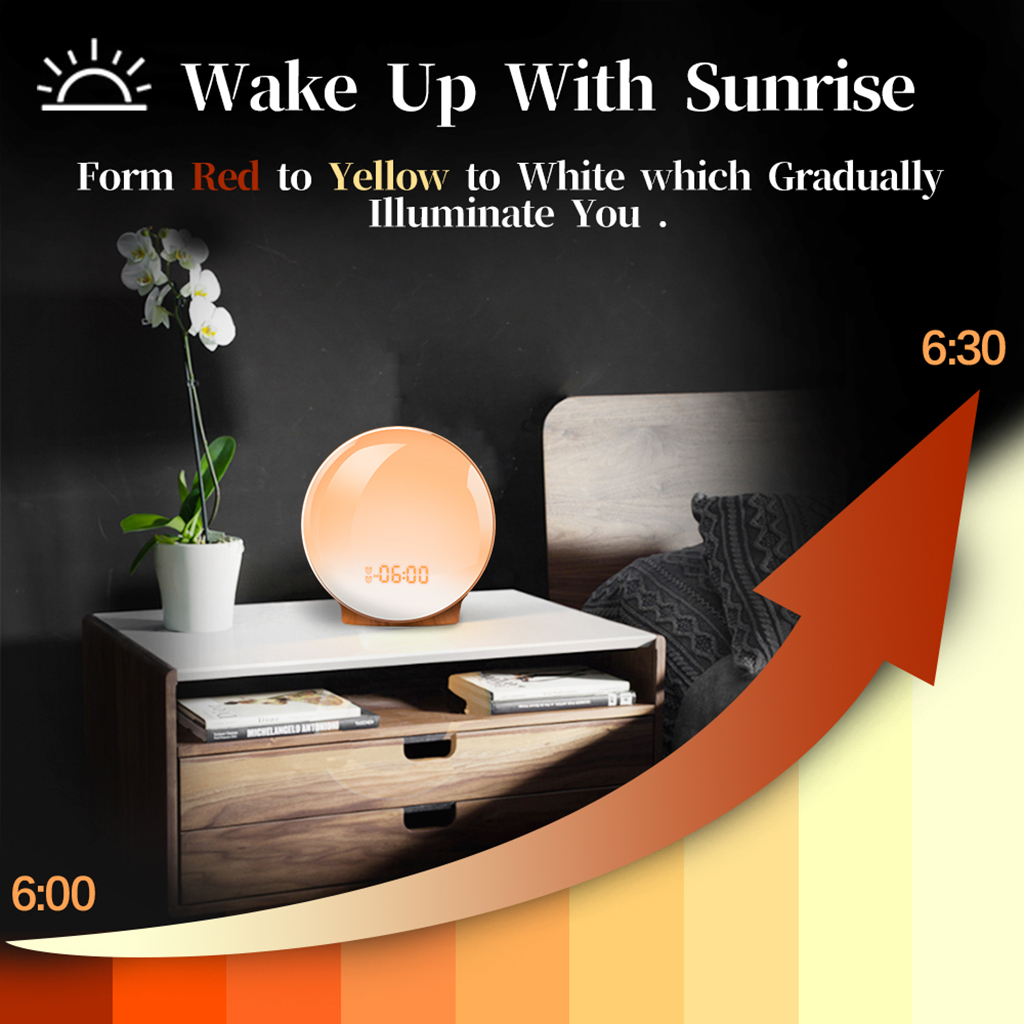 Wake Up Light Sunrise Radio Alarm Clock, 7 Color Night Light, Snooze Timer