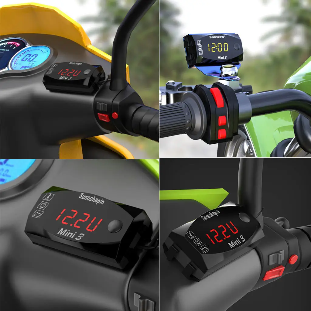 3-in-1 Motorcycle Clock Thermometer Voltmeter 6V-30V  Meters